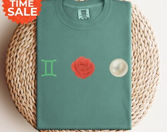 Gemini Rose Pearl T-Shirt: June Birthstone Zodiac Tee
