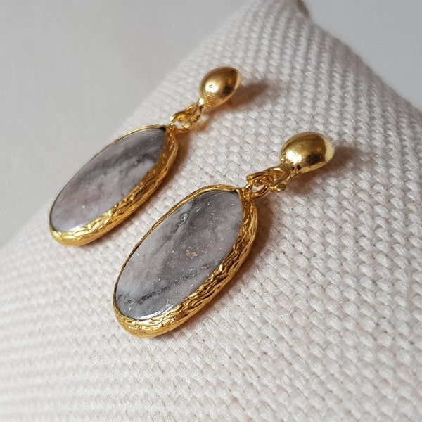 Jasper earrings, 22K gold plated brass in Ottoman style, oval earrings, Handmade jewelry