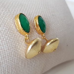 Green Jade drop earrings, Dark green jade earrings, 22K gold plated brass dangle earrings, Handmade jewelry in Ottoman style.