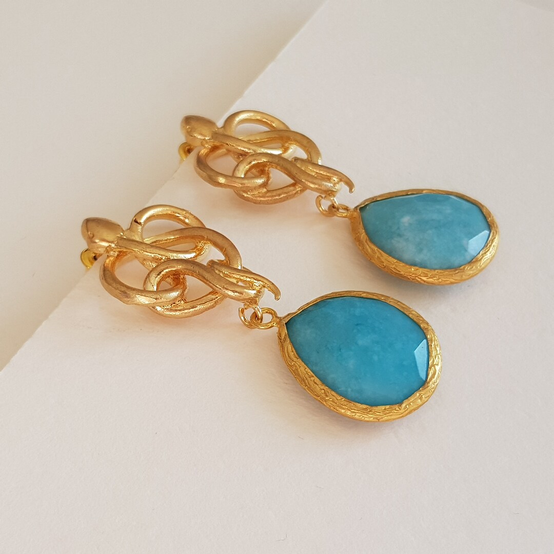 Blue Larimar Earrings, Dangle Drop Snake Earrings, Semiprecious Stones