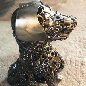 Recycled Steel Dog Sculpture: Abstract Metal Animal Figurine