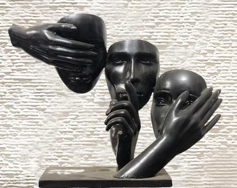 Sculpture triple silencieuse en métal | Visages artistiques | Décoration faite main