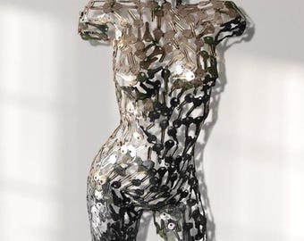 Recycled Steel Female Torso Sculpture: Chrome Metal Wall Art