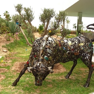 Recycled Metal Lamborghini Bull Sculpture: Steel Animal Figurine, Outdoor Art