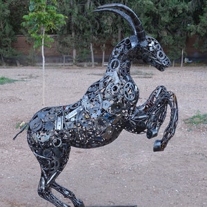 Recycled Steel Goat Statue: Handmade Wildlife Art, Outdoor Sculpture