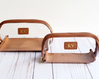 Brown/Clear Cosmetic Bag Set, Vegan Saffiano Leather, Makeup Bag, Travel Case, PVC, Set of Small & Large Size