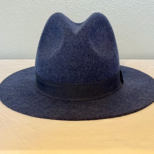 May include: A navy blue fedora hat with a black band. The hat has a wide brim and a classic teardrop crown. The hat is made of a felt material.