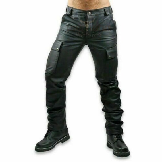 Men's Real Leather Cargo Pants Bikers Pants Multiple Cargo Pockets Leather  Pants