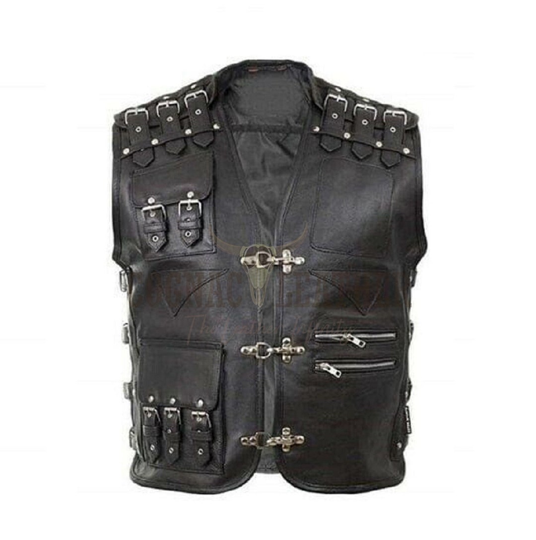 Men Black Pure Leather Biker Vest Chain Waistcoat Rider Etsy