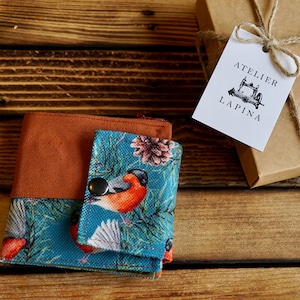 Cartera Bullfinch, Cartera de tela hecha a mano, Cartera pequeña, Cartera vegana, Cartera boho, Regalo único, Cartera de mujer, Cartera con cremallera, Cartera hippie