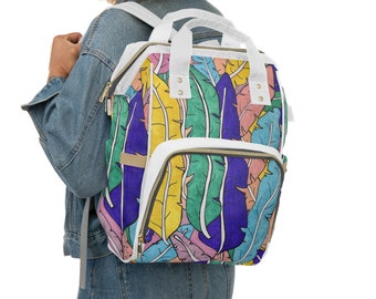 Custom HandDrawn Feather Leaf Pastel Art Design Multifunctional Diaper Backpack
