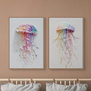 Jellyfish Print Set of 3, Oil Painting Printable, Beach House Art, Jellyfish Poster, Abstract Coastal Beach House Art Print