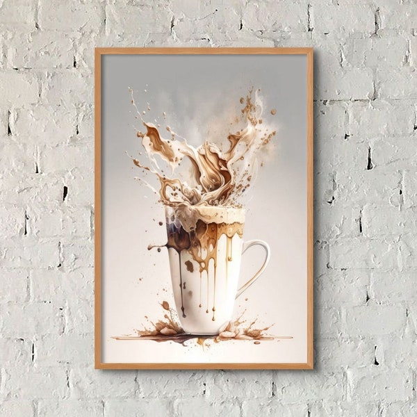 Café imprimable cappuccino standard plat blanc impression café art mural décoration de cuisine téléchargement café décoration d'intérieur AI Art affiche Midjourney