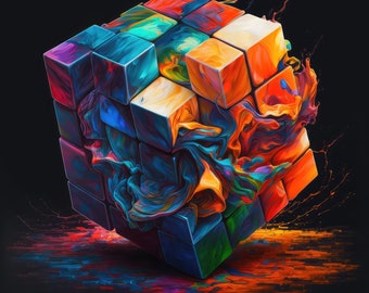 Rubik Cube Printable Rubik Cube Print Colorful Wall Art Download Technicolor Oil Painting Cube Home Decor AI Art Midjourney