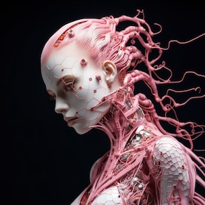 May include: A pink, humanoid figure with a detailed, intricate, mechanical body. The figure has a long, flowing pink hair and a white face with a geometric pattern.
