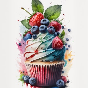 Puede incluir: Un cupcake rojo, blanco y azul con glaseado blanco y azul, cubierto con fresas y arándanos frescos. El cupcake está goteando con glaseado rojo, blanco y azul.