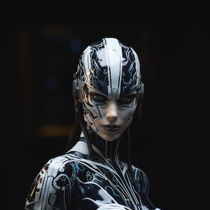 Puede incluir: Una mujer cyborg futurista con un traje de cuerpo negro y blanco estampado. Su rostro está cubierto con una máscara negra y blanca con detalles azules.