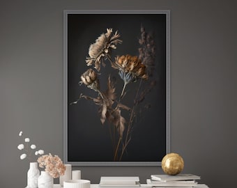Dry Flowers Print Oil Paint Flowers Wall Art Printable Dark Floral Painting Home Decor Botanical Poster AI Art Midjourney