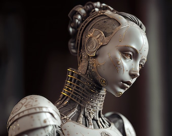 Impressão de garota robô branca, pôster cibernético de garota ciborgue, arte de parede de ficção científica para impressão futurista, decoração para casa, arte de IA, meio da jornada