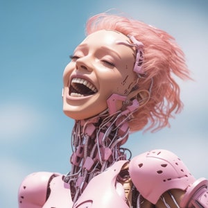 ピンクのロボットガールプリント ロボットウーマン 印刷可能な女性アンドロイド 未来的なウォールアート SFポスター ホームデコレーション AIアート ブラッシュ サイボーグ ミッドジャーニー