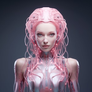 Pink Robot Girl Print Robot Woman Printable Female Android Futuristic Wall Art Sci Fi Poster Home Décor AI Art Blush Cyborg Midjourney