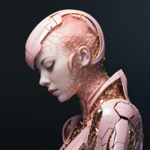 ピンクのロボットガールプリント ロボットウーマン 印刷可能な女性アンドロイド 未来的なウォールアート SFポスター ホームデコレーション AIアート ブラッシュ サイボーグ ミッドジャーニー