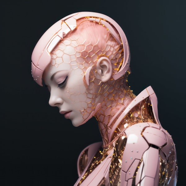 Pink Robot Girl Print Robot Woman Printable Female Android Futuristic Wall Art Sci Fi Poster Home Décor AI Art Blush Cyborg Midjourney