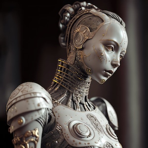 May include: A white and gold robot with intricate details and a human-like face. The robot has a metallic, textured surface and a gold crown-like headpiece.