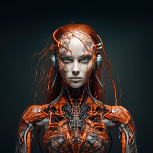Orange Robot Girl Print Robot Woman Printable Female Android Futuristic Wall Art Sci Fi Poster Home Décor AI Art Cyborg Midjourney