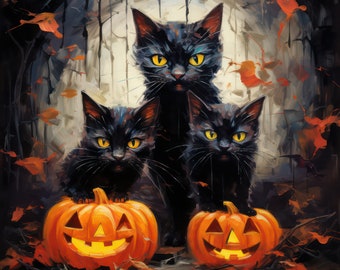 Halloween Cat Print Halloween Black Cat Printable Pumpkin Poster All Saints Wall Art Scary Decor Midjourney AI Art