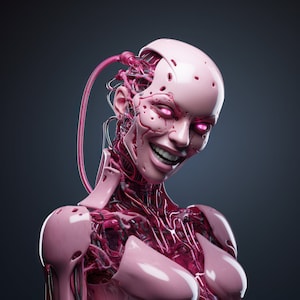 May include: A pink cyborg with exposed internal wiring and glowing pink eyes. The robot has a smiling expression and a partially exposed head, revealing intricate mechanical components. The overall aesthetic is futuristic and somewhat unsettling.