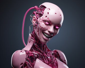 Robot Girl Print Pink Cyborg Woman Printable Futuristic Wall Art Sci Fi Poster Home Décor AI Art Blush Android Midjourney