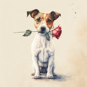 Retrato de perro Jack Russell Terrier Perro imprimible con estampado de rosas Perro de acuarela Póster Arte de la pared Día de San Valentín Decoración del hogar AI Art Midjourney