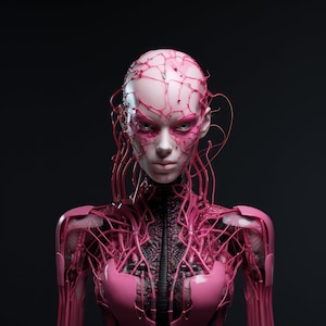 May include: A pink humanoid figure with a detailed, intricate network of veins and tubes covering its body. The figure has a bald head with a pink, web-like pattern on its face.