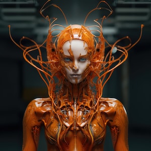 Orange Robot Girl Print Robot Woman Printable Female Android Futuristic Wall Art Sci Fi Poster Home Décor AI Art Cyborg Midjourney