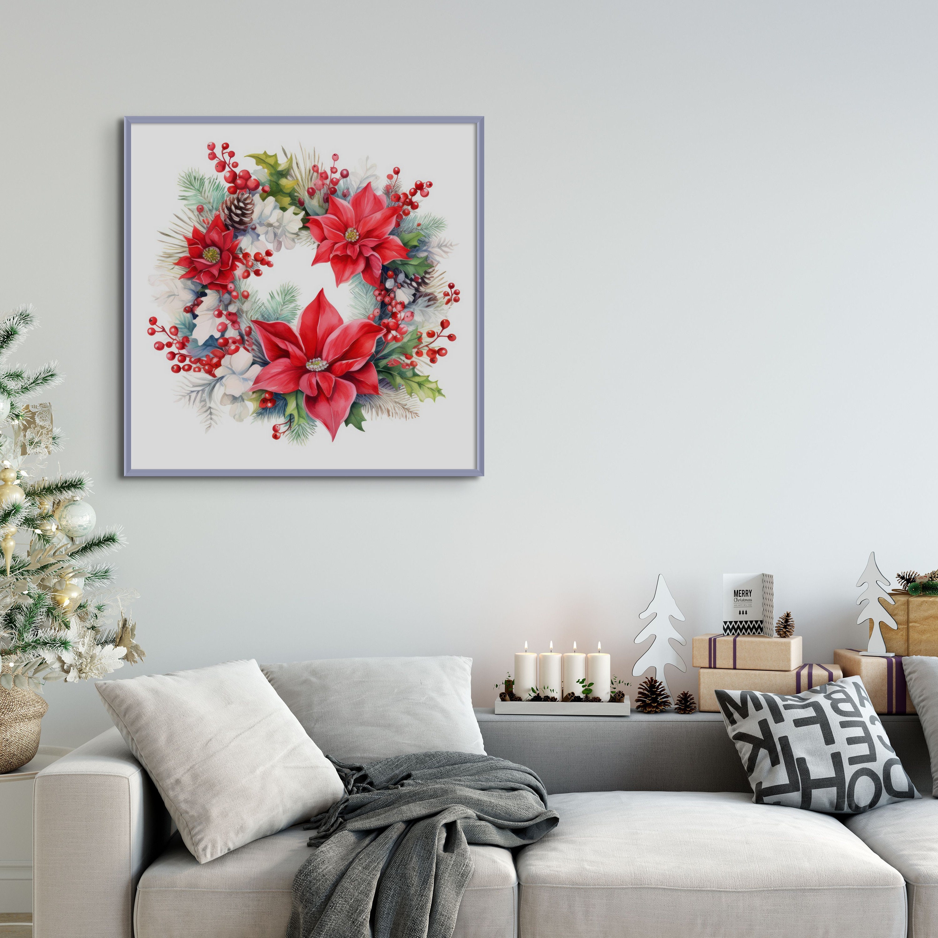 Christmas Wreath Print Christmas Star Printable Winter Wreath Poster ...
