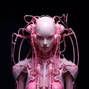 Pink Robot Girl Print Robot Woman Printable Female Android Futuristic Wall Art Sci Fi Poster Home Décor AI Art Blush Cyborg Midjourney