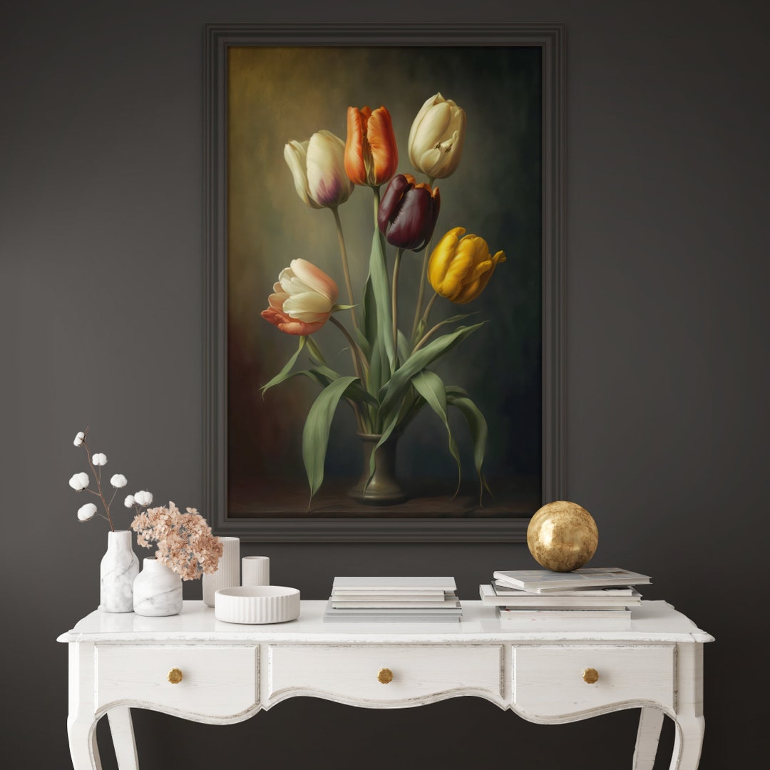 Moody Flowers Tulips Print Oil Paint Tulips Wall Art Tulips Etsy