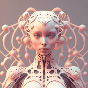 May include: A pink, humanoid figure with intricate, geometric patterns on its head and body. The figure has a delicate, feminine face with blue eyes and a soft, ethereal expression.