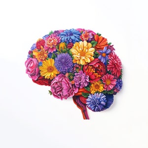 Könnte beinhalten: Ein bunter Blumenstrauß, der in Form eines menschlichen Gehirns angeordnet ist. Die Blumen sind in den Farben Rosa, Rot, Gelb, Orange, Lila und Blau.