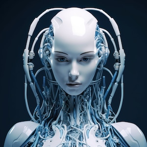 May include: A white robotic figure with a human-like face and intricate wiring throughout the body. The figure has a blue background.