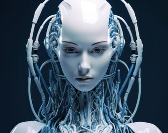 Impressão de garota robô azul, pôster cibernético de garota ciborgue, arte de parede futurista de ficção científica para impressão, decoração de casa, arte de IA em meio à jornada