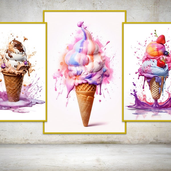 Ice Cream Print Colorful Food Poster Kitchen Wall Art Gelato Artwork Decor Dessert Printable Vivid Colors Painting Midjourney AI Art