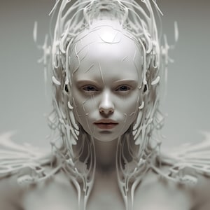 May include: A white, human-like figure with a detailed, intricate, white, organic-looking structure covering their head and shoulders.