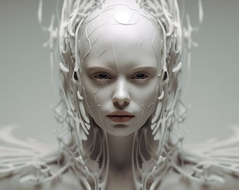 Impressão de garota robô branca, garota ciborgue, pôster cibernético, impressão futurista, arte de parede de ficção científica, decoração para casa, arte de IA em meio à jornada