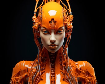 Orange Robot Girl Print Robot Woman Printable Female Android Futuristic Wall Art Sci Fi Poster Home Décor AI Art Cyborg Midjourney