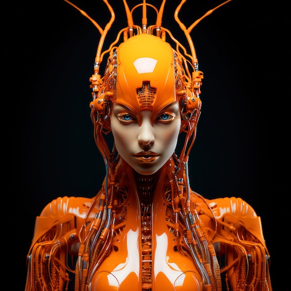 Orange Robot Girl Print Robot Woman Printable Female Android Futuristic Wall Art Sci Fi Poster Home Décor AI Art Cyborg Midjourney