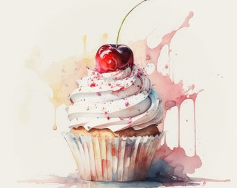 Cupcake Print, Cherry Cupcake Printable, Pastry Wall Art, Patisserie Wall Art, Pastry Kitchen Decor, Bakery, Midjourney Cupcake, Set of 3