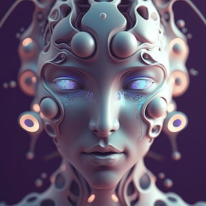 May include: A white, organic-looking face with glowing blue eyes. The face is covered in intricate, flowing patterns and has a smooth, almost plastic-like texture.