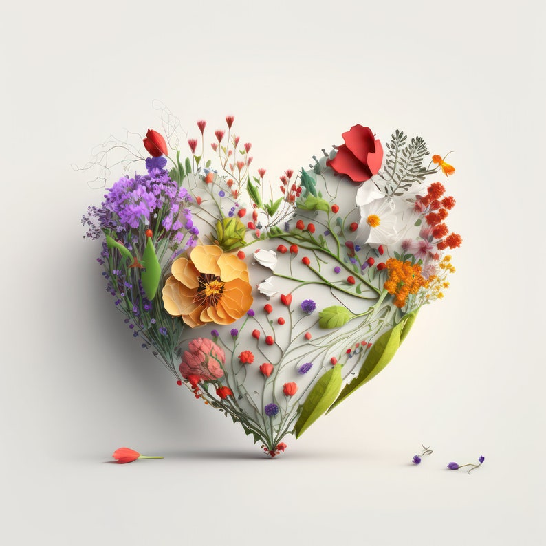 Flower Heart Print Hart van bloemen Afdrukbare hartposter AI afbeelding 1